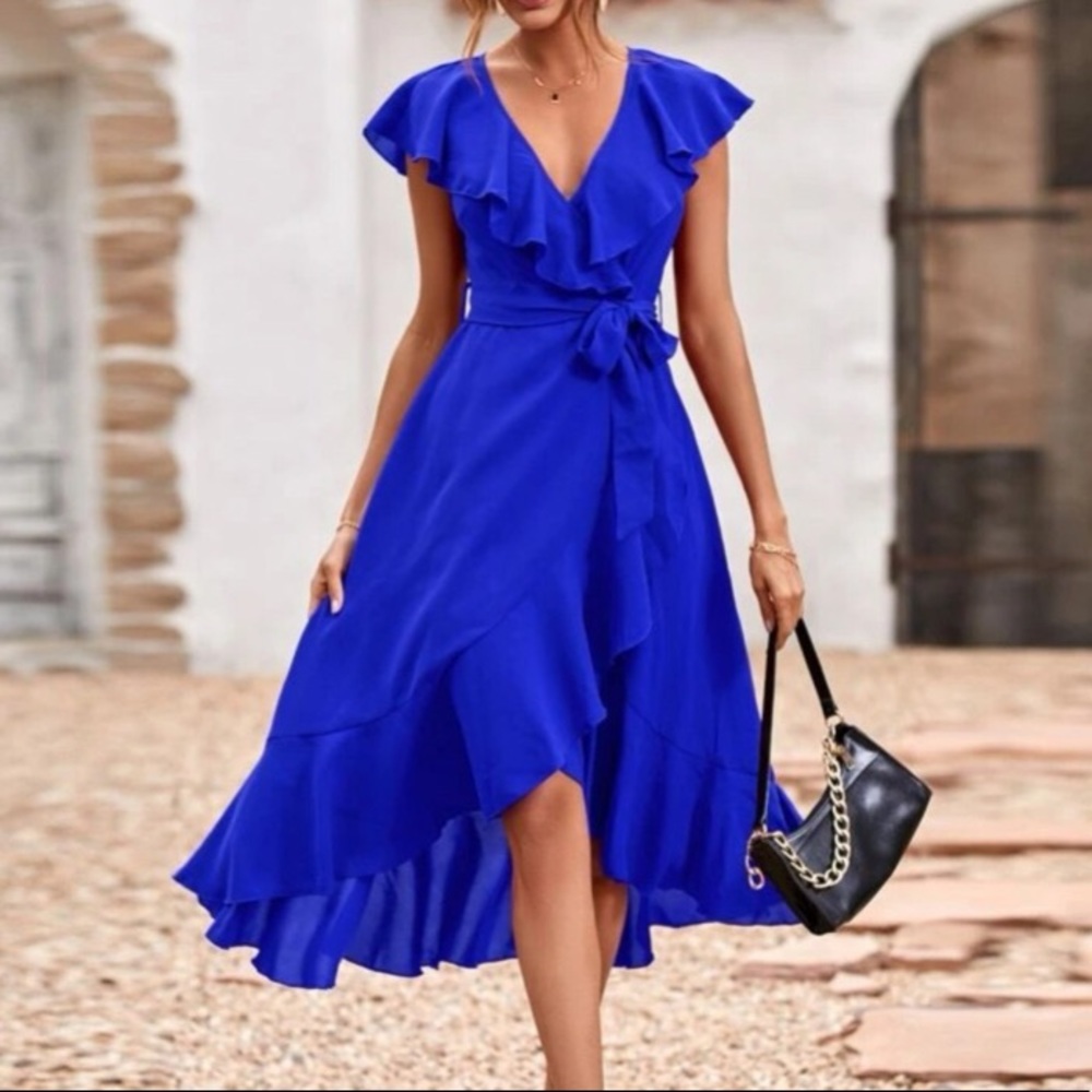 Boho navy blue ruffle hem wrap belted maxi dress - Picture 2 of 13
